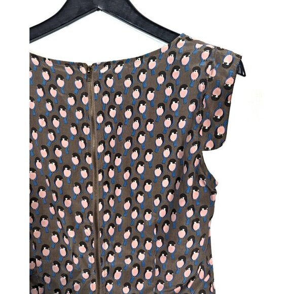 Tulle Anthropologie Shift Dress Medium M Bird Print Taupe Brown Mini Kawaii Cute - Picture 7 of 8